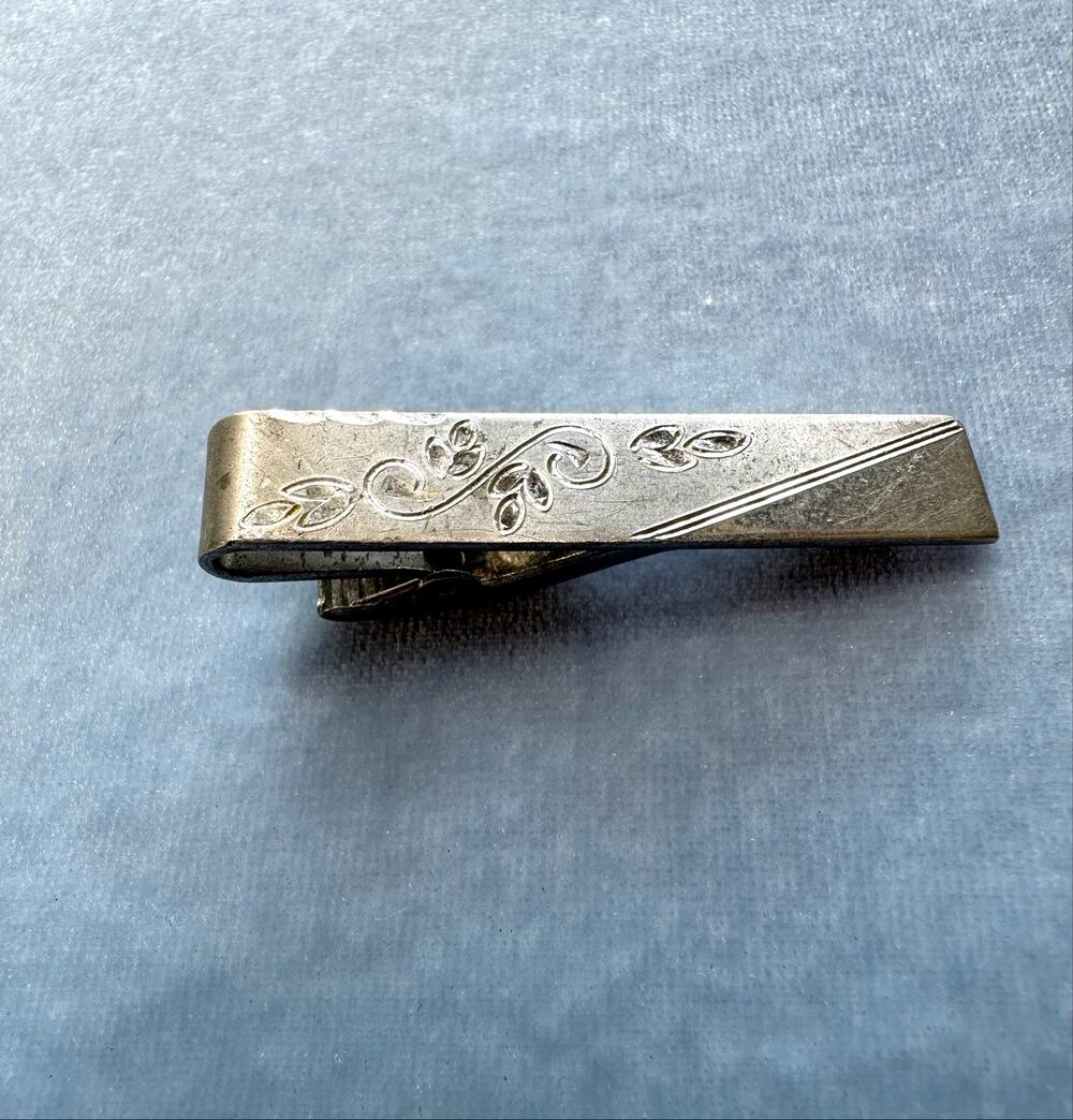 Vintage Steval Sterling Silver Men's Tie Clip Etched Floral Scroll Clasp 925